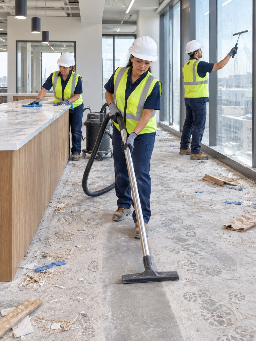 Three cleaners in hard hats vacuuming, wiping counters and cleaning windows in a newly built space